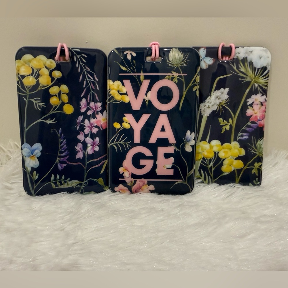 Beautiful Floral “Voyage” Luggage Tags. Set of 3. New.